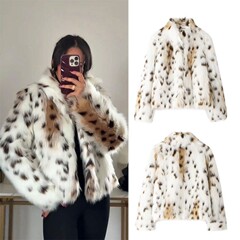 欧米の婦人服のクロスボーダーの卸売りの2024秋冬の保温の襟の動物の紋様の人工の毛皮のコートの毛のジャケット