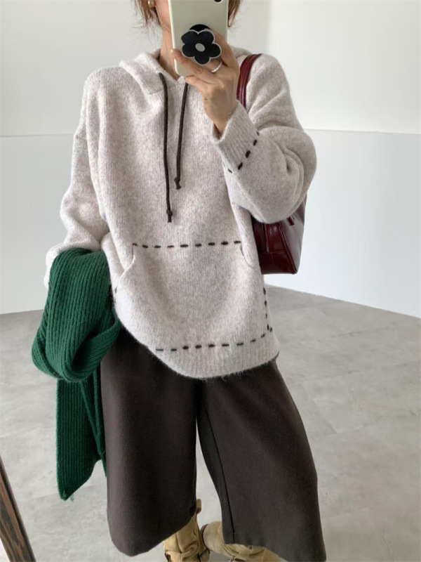 秋冬新款连帽毛衣女2025韩系宽松手工明线口袋小众慵懒风针织上衣|undefined