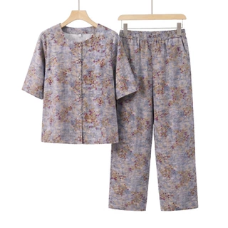 中老年夏季印花套装女圆领中袖开衫上衣直筒裤两件套外穿百搭款