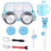 Detachable blue bus, dinner plate, straw, chopsticks with glass