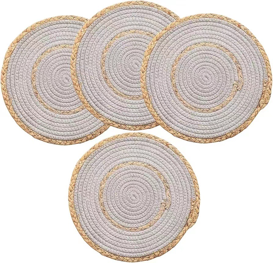 Alfombrilla para mesa redonda de estilo japonés tejida a mano de hierba de calabaza - Alfombrilla aislante térmica, cuerda de algodón, combinación doble, alfombrilla para mesa occidental - Producto transfronterizo