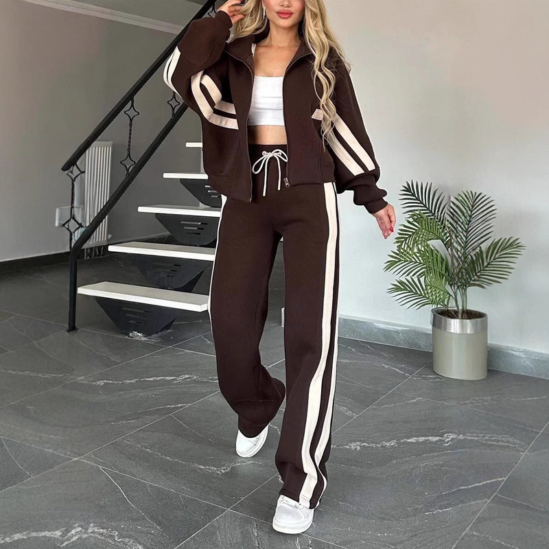 2024 Europe and America Cross-border Amazon Autumn Foreign Trade Y2K Striped Zipper Jacket Casual Sports suit Women