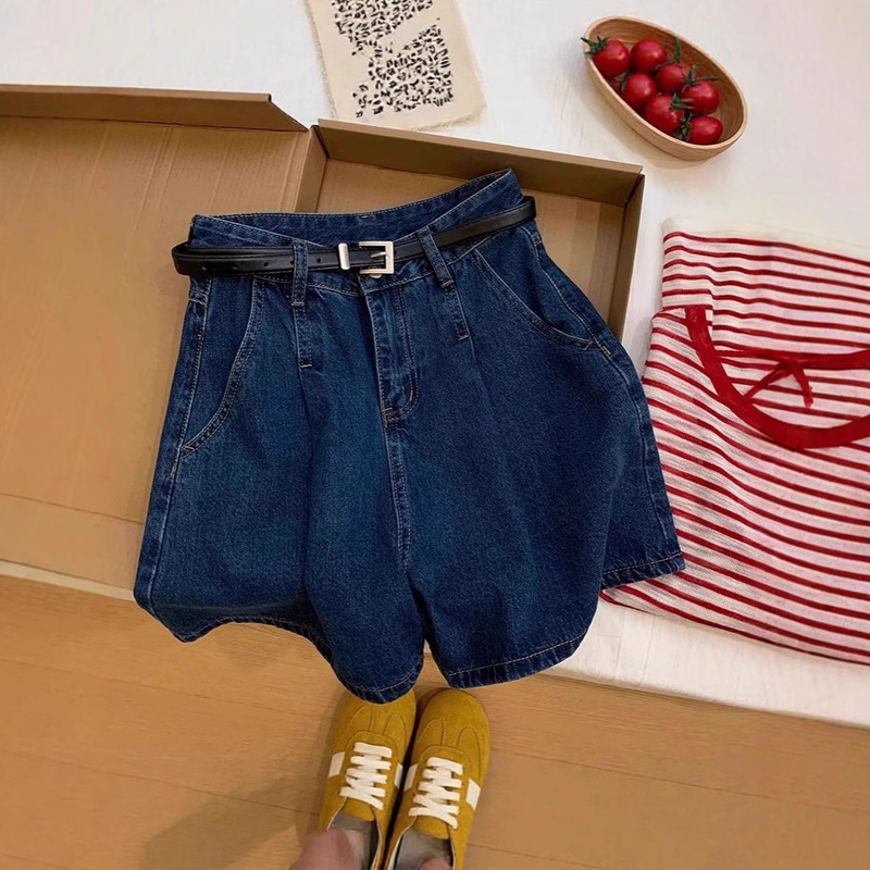 Dark Blue Pleated Denim Shorts for Women 2025 Summer New High-Waisted Loose Slimming Casual A-Line Versatile Hot Pants