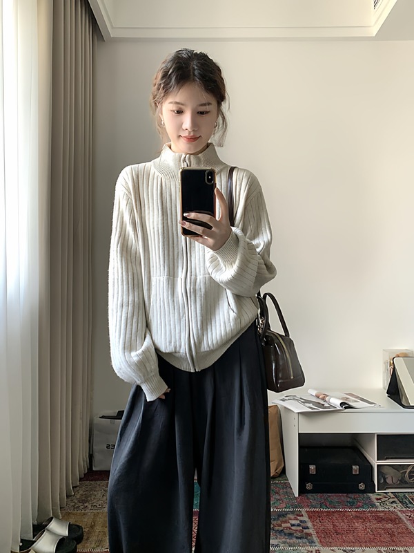 慵懒早秋上衣小个子宽松外搭针织衫上衣立领拉链开衫毛衣外套女|undefined