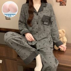 带胸垫睡衣女秋长袖长裤仿棉甜美卡通可爱2025新款可外穿家居服