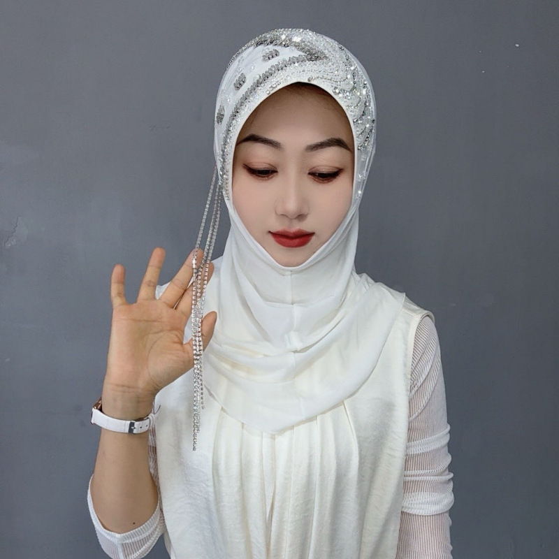 New Xingtao Sha Hard Brim Convenient Pullover Style Gauze Scarf Hijab (Phoenix Tail Diamond Tassel Style)