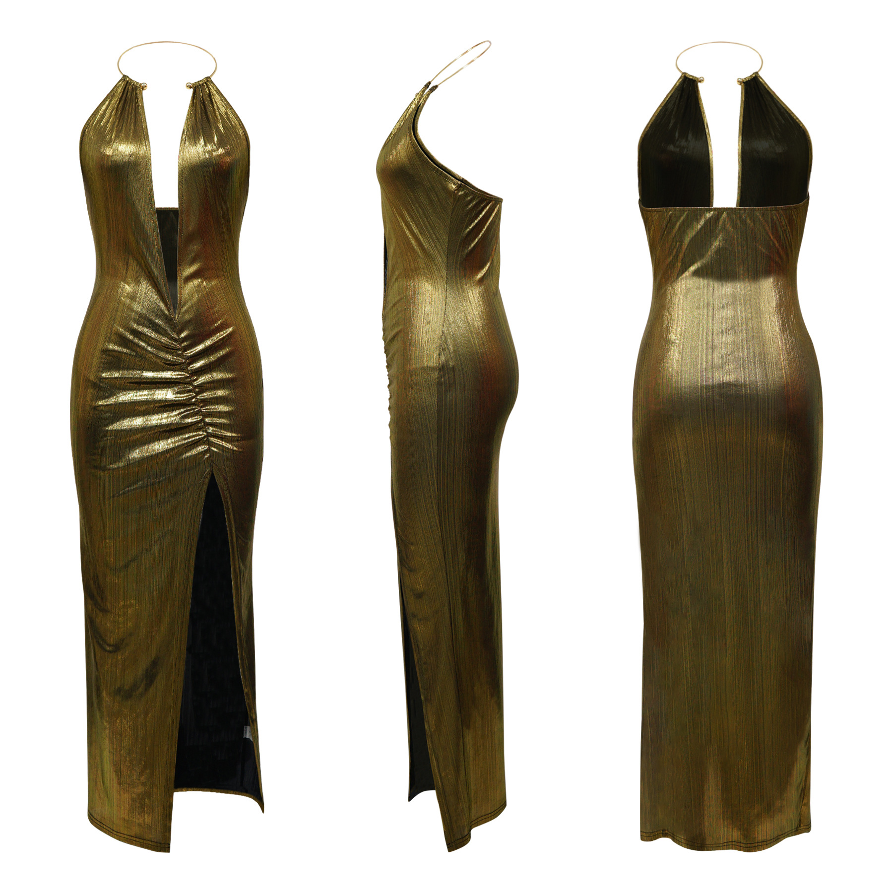 Women Clothing Sexy Deep V Plunge Neck High Slit Sleeveless Party Dress Dress