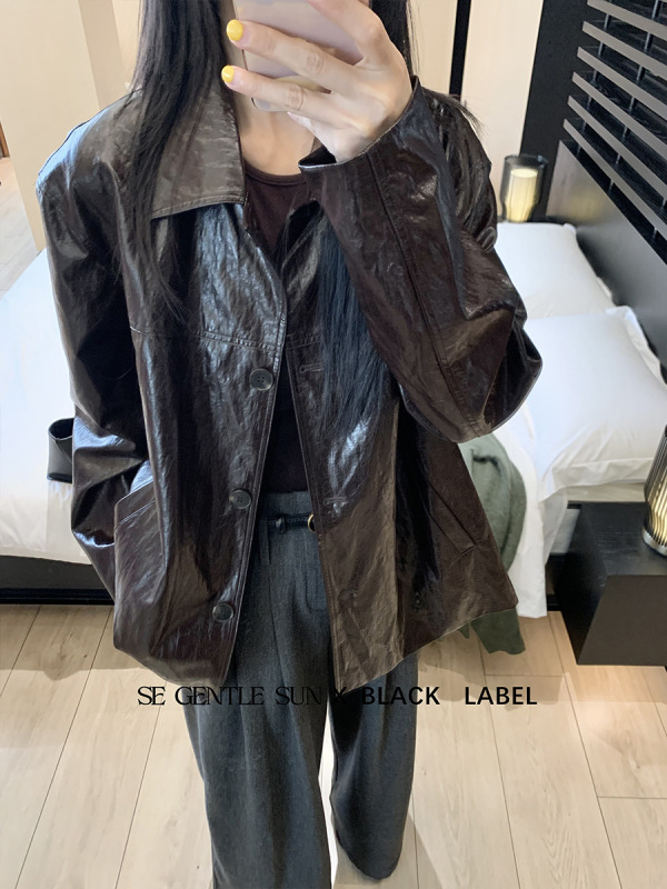 秀熙熙2025秋季新款黑标复古长袖皮外套宽松百搭休闲服女86085|undefined