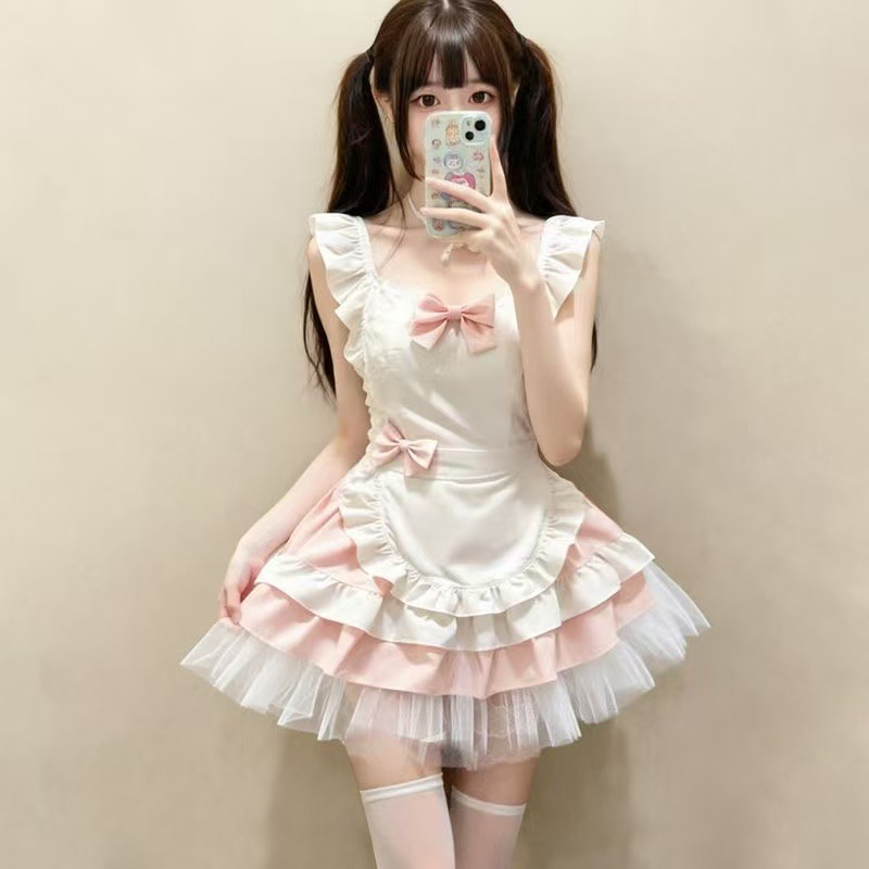 Maid Roleplay Costume Set with Tutu Skirt, Bowknot Apron and Short Dress — detail image 6