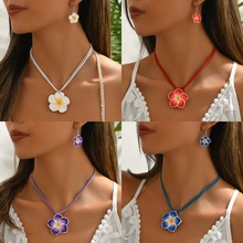 欧美跨境简约个性项链富贵花朵蜡绳项链耳环套装软陶鸡蛋花项链