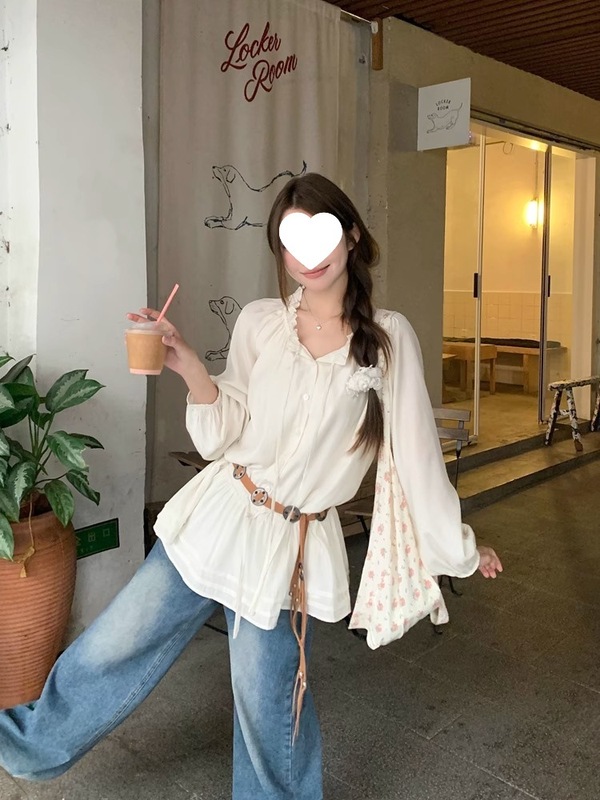 木耳边v领抽绳长袖防晒衬衫女夏日出游穿搭法式气质收腰绝美上衣|undefined