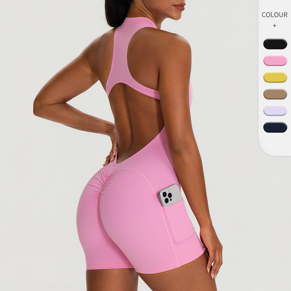 European and American Style Backless Tight-Fitting Yoga Jumpsuit with Chest Pads, Peach Butt Shaping, Gym Jumpsuit with Pockets 62106