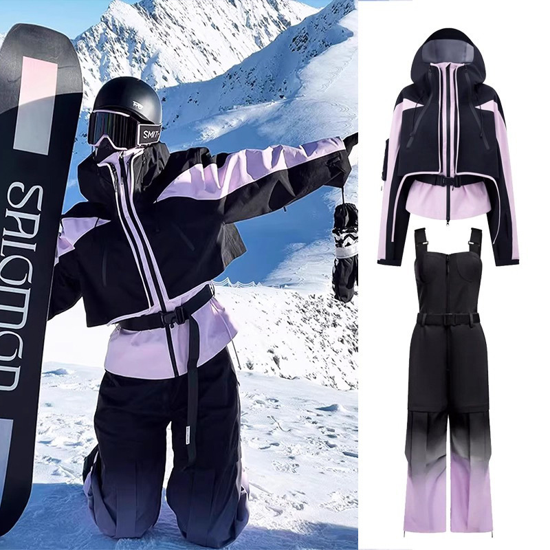 芙沿黑粉色滑雪服套装女2025冬新款户外防风防水加厚保暖单板雪服|undefined