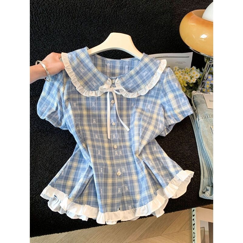 Sweet and Elegant Pink Doll Collar Plaid Shirt for Women, Summer Short-Sleeve 2026 New Style, Waist-Cinching Slimming Lace Top Sweet and Elegant Pink Doll Collar Plaid Shirt for Women, Summer Short-Sleeve 2026 New Style, Waist-Cinching Slimming Lace Top