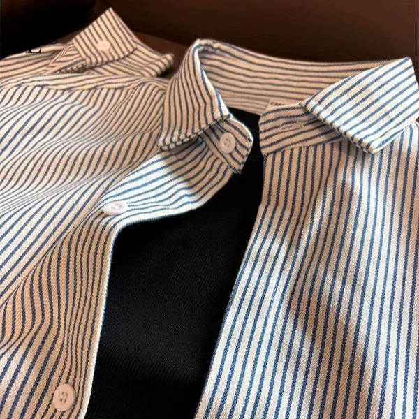 Сине-белая полосатая рубашка, весенне-осенняя мужская многослойная рубашка в японском стиле ретро, ​​свободная универсальная куртка с отложным воротником для пар