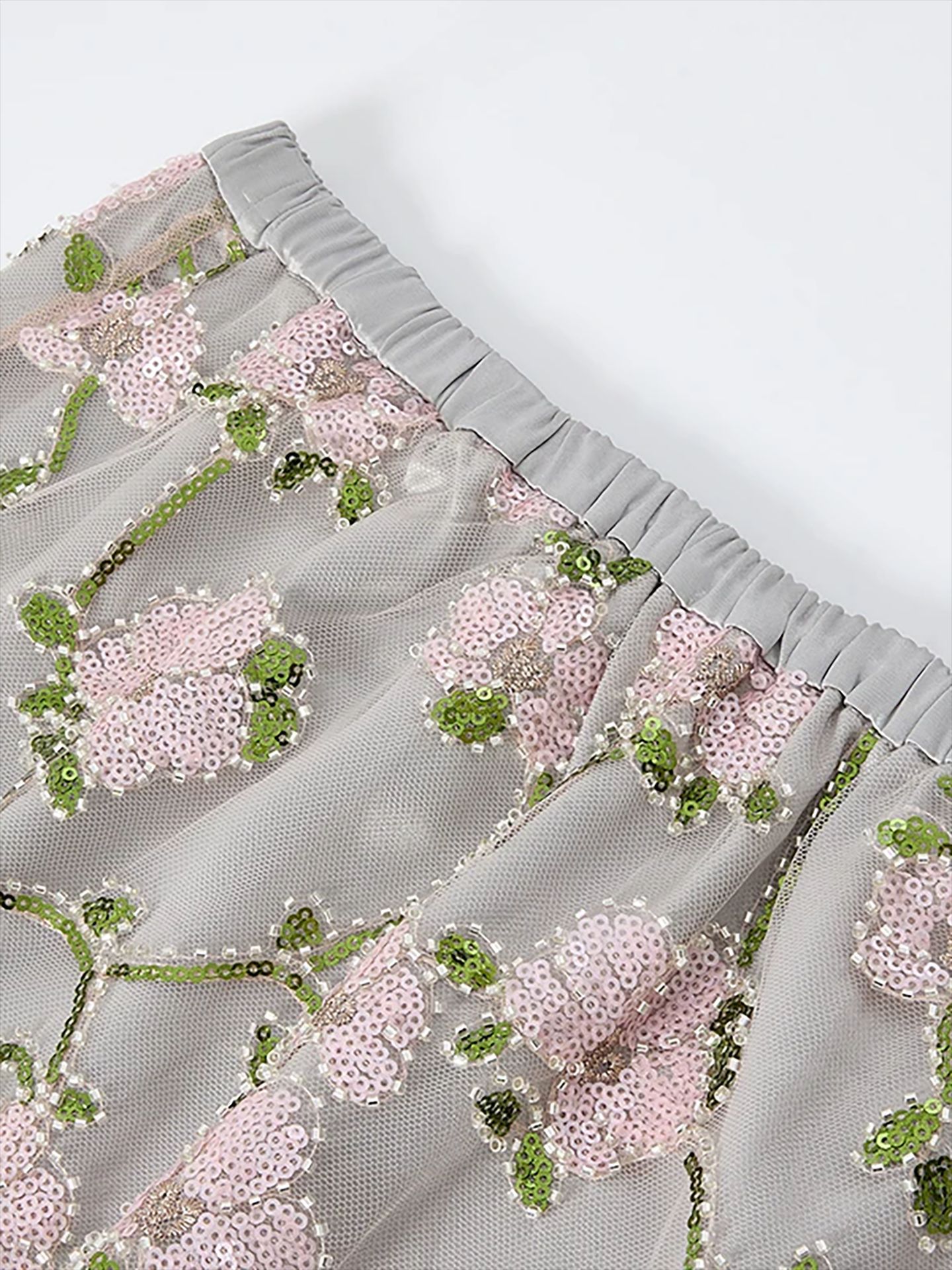 Chân váy xếp ly nữ xòe cao eo, chất vải lưới ren thêu hoa, dáng midi — Xanh lục phấn chi tiết 3