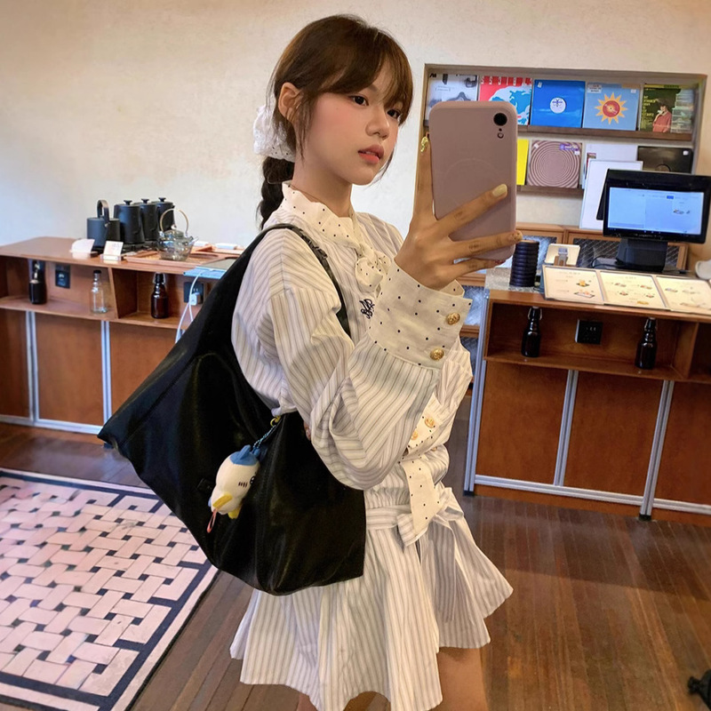 Bowknot Striped Embroidered Long-Sleeve Dress for Women 2026 Spring and Autumn New Design Waist-Cinching Slimming A-Line Short Dress