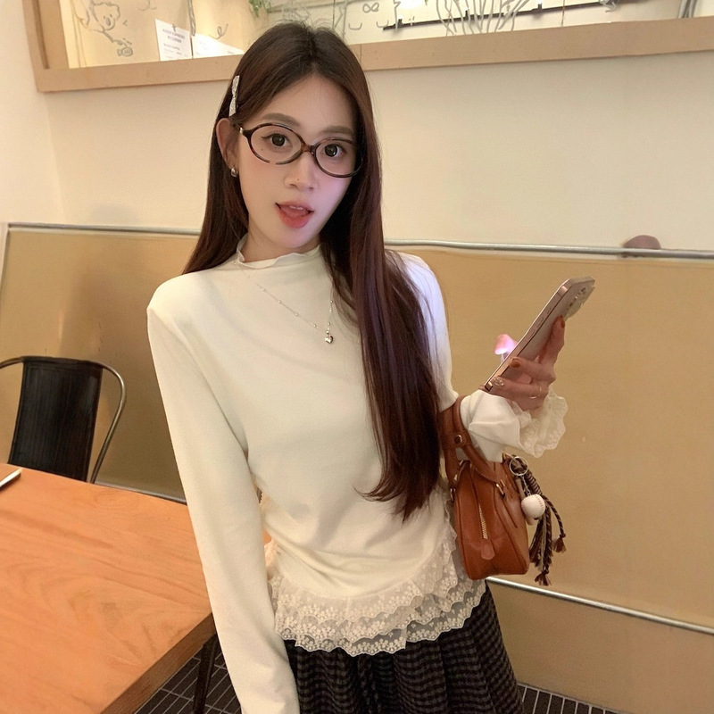 Cream White Double-Layer Lace Half-High Collar Long-Sleeved T-Shirt for Women Autumn and Winter 2026 New Style Fleece Slim Drawstring Top Trendy