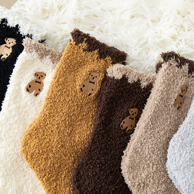 Coral velvet demi-season keep warm cartoon knee socks, with little bears, with embroidery, mid-length, increased thickness