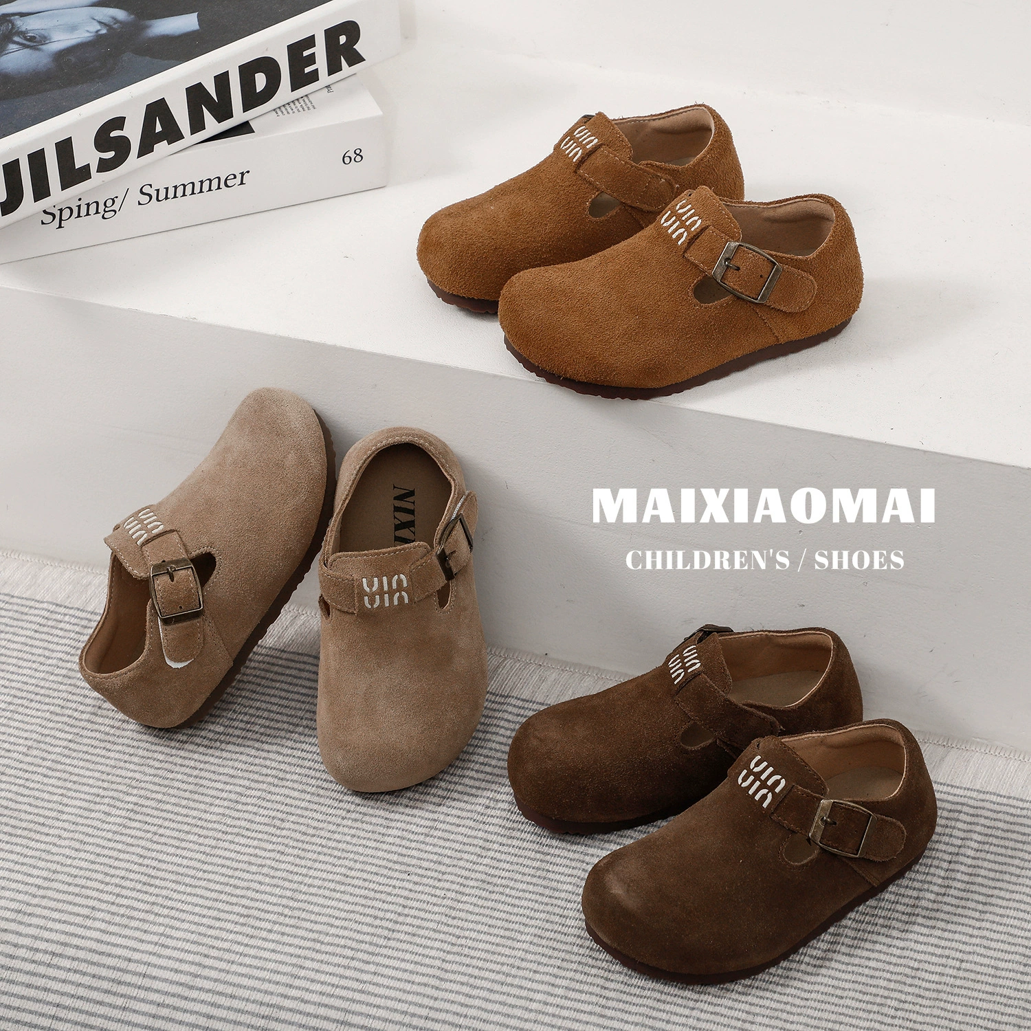 Детские туфли Maixiaomai удобные с тонкой подошвой, детские ботинки Birkenstock 2025 весна, новая замша изnubuck кожа, для мальчиков и девочек