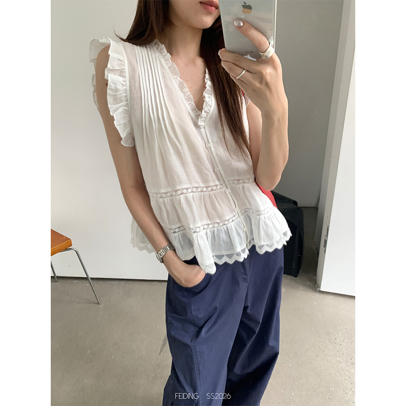 Feiding Thirteen Lines 2026 Summer V-Neck Lace Sleeveless Korean Style Lightweight Ramie Breathable Blouse P221