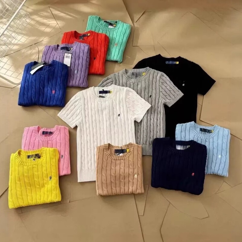 Original Label with Qr Code, Rl Ralph Short-Sleeve Knitted Embroidered Cable Knit T-Shirt Sweater, Round Neck, Small Horse Logo Top for Women