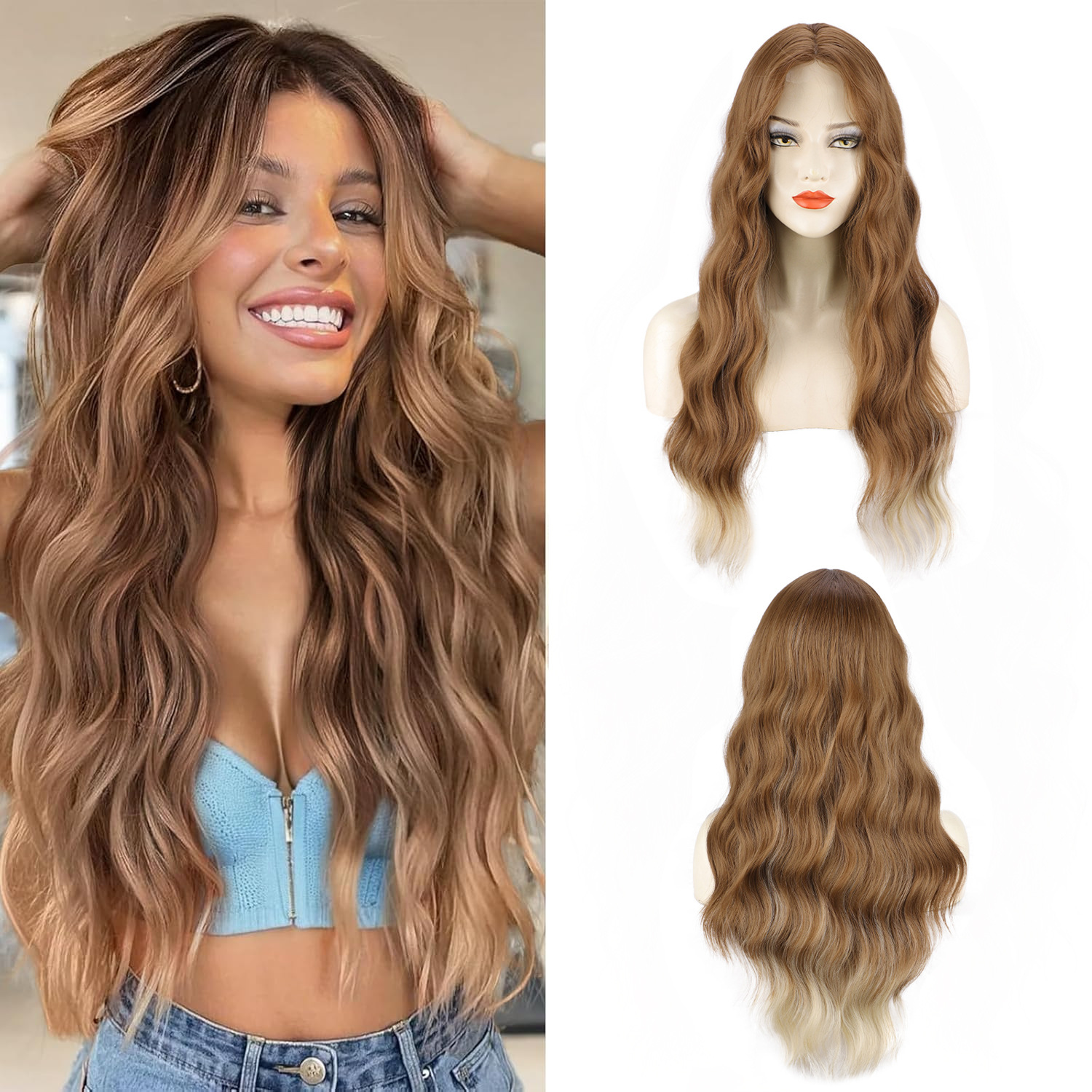 Peruca feminina longa e cacheada, com cachos suaves, frente de renda, efeito degradê ondulado, nova e importada._voghion.com