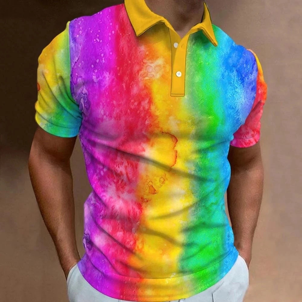 Camisa POLO con botones de manga corta transpirable de malla suelta de verano para hombres con estampado 3D de patchwork de color de venta caliente de la calle europea y americana