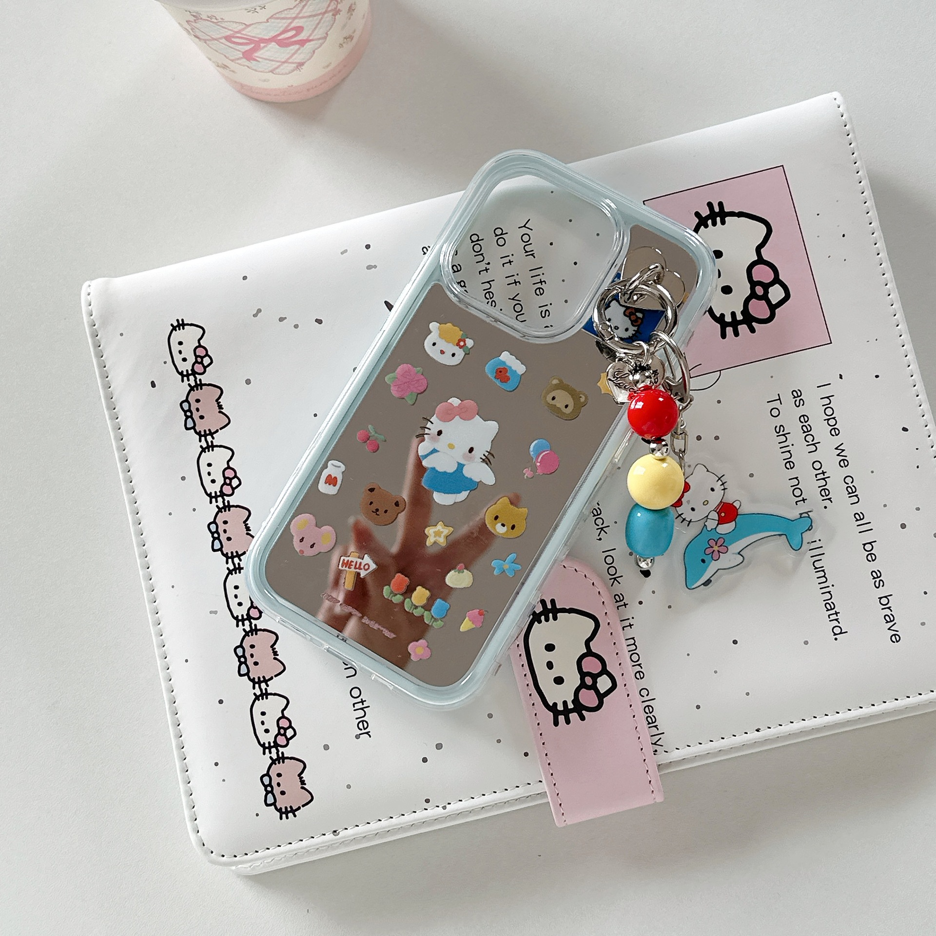 Dibujos animados lindo espejo KT gato para Apple 16proMax funda para teléfono móvil 15Pro chica 14/13 colgante 15PM