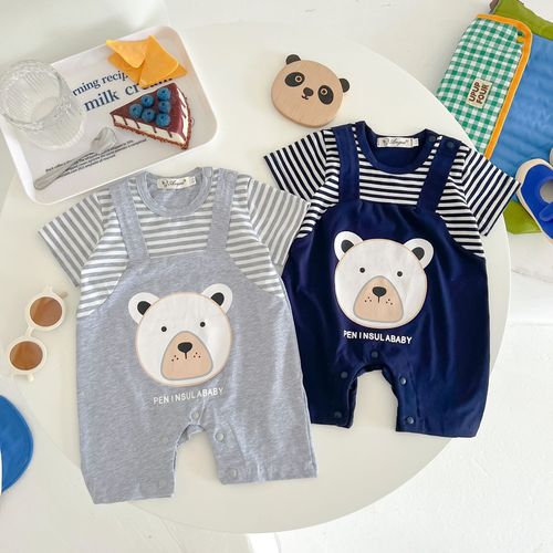 Ins Korean Version  Spring and Summer Male Infant and Toddler Climbing Suit with Pajama Style Top and Bottom, Bear Head Cartoon Climbing Suit