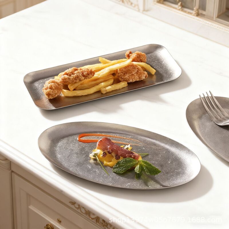 Industrial Style Dinner Plate Shallow Plate Sushi Plate Retro Dessert Plate 304 Stainless Steel Plate Restaurant Fried Food Plate Snack Plate Industrial Style Dinner Plate Shallow Plate Sushi Plate Retro Dessert Plate 304 Stainless Steel Plate Restaurant Fried Food Plate Snack Plate