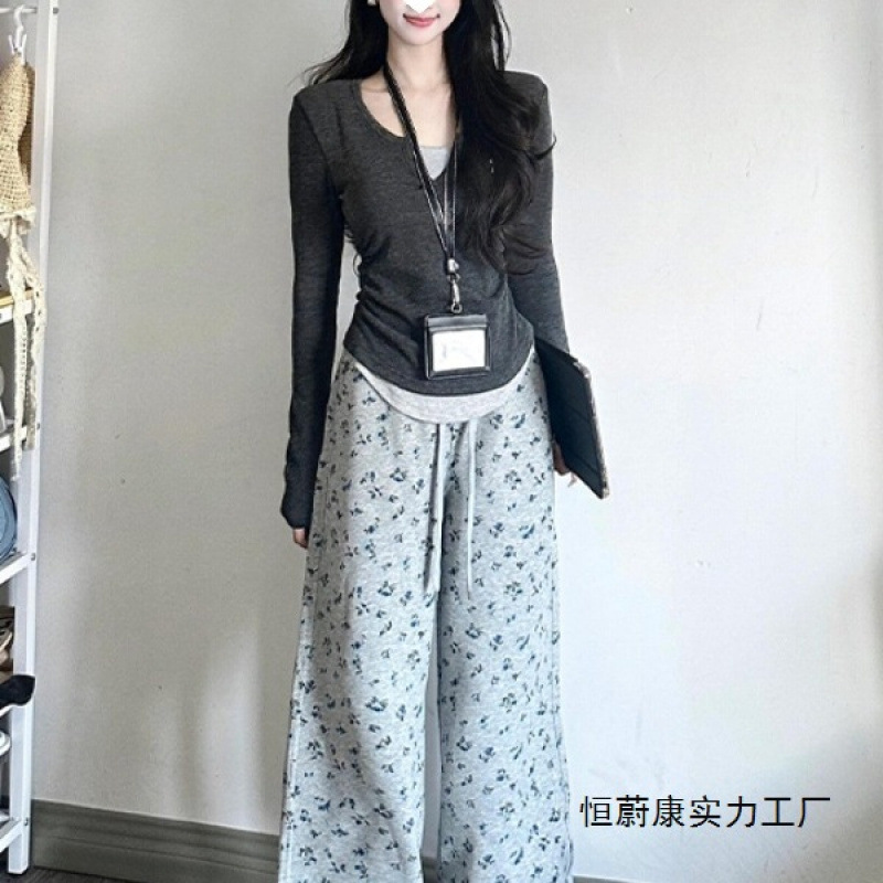 秋季韩系穿搭一整套不规则灰色假两件长袖T恤打底搭直筒裤两件套