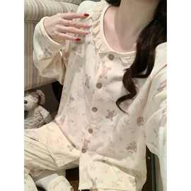 甜美睡衣女秋季长袖德绒卡通可爱大码保暖薄绒少女家居服秋冬套装