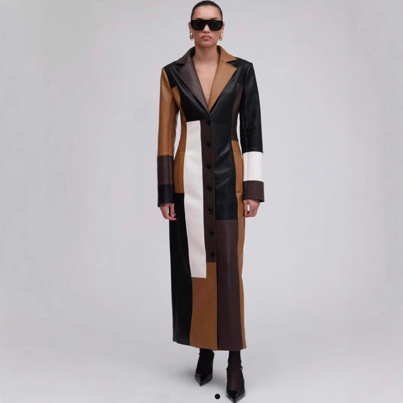 2024 new European and American cross-border stitching temperament retro fashion autumn and winter V-neck women's long leather dress