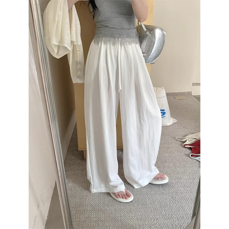 Korean-style All-match High-waist Slimming Casual Pants Women's Summer Solid Color Drawstring Leather Pants Ins Wide-leg Pants