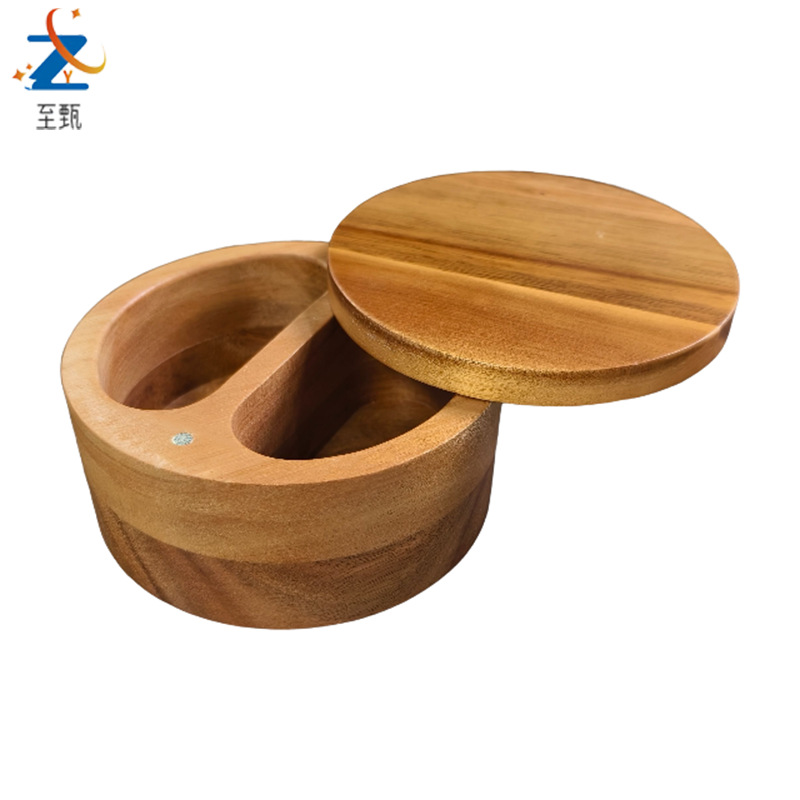 아카시아나무 이중칸 양념통 + 작은 원형 스푼 2개 + 흰색 상자