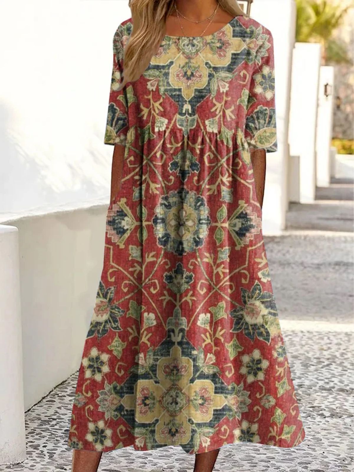 Women's Mid-Waist Summer Casual Round Neck Printed Flared Dress_ecoleips.com