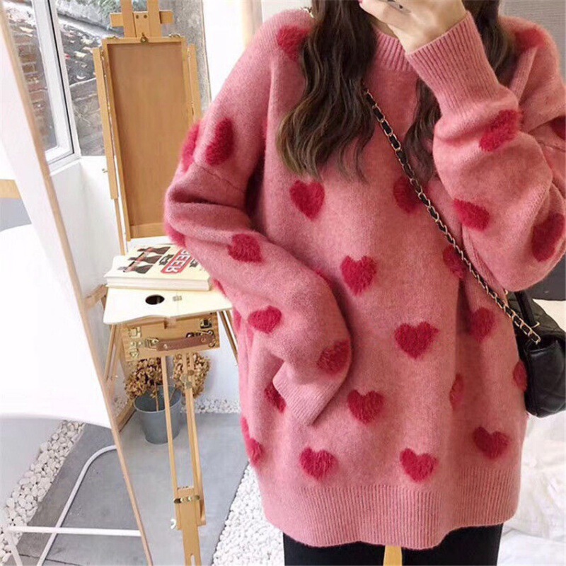 K-Style of Heart Round Neck Pullover Knitted 2025 Spring, Autumn and Winter New Loose Fairy Gentle Style Student Sweater Jacket