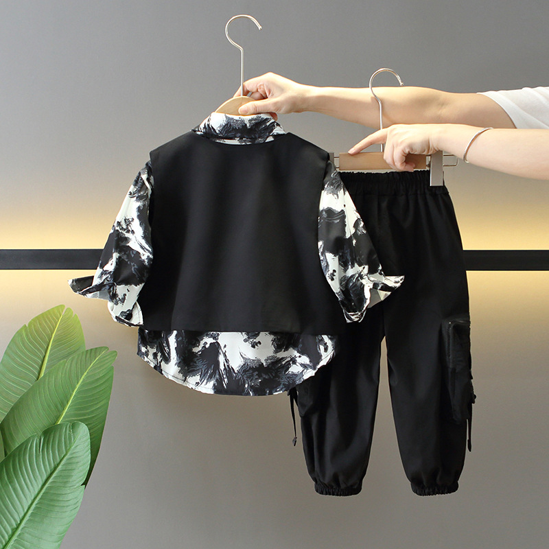 5916 Traje de otoño para niños 2024 Nuevo estilo para niños Ropa de moda coreana Camisa de primavera y otoño para niños Traje de tres piezas