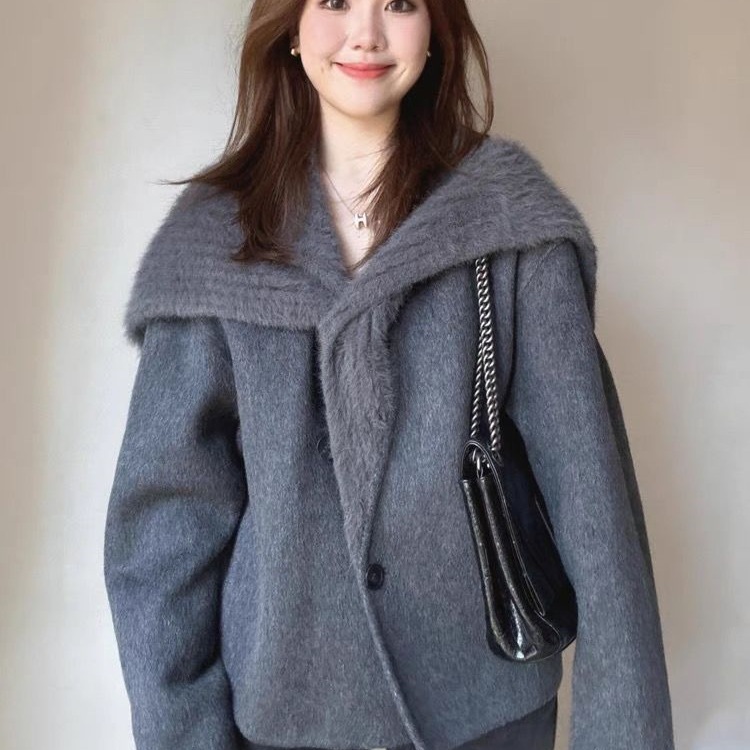 韩版感双面羊毛大衣女短款气质名媛风仿貂毛大翻领毛呢外套女