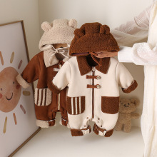 跨境爆品婴儿连体衣a类皮毛一体新生儿夹棉加绒男女宝宝秋冬爬服