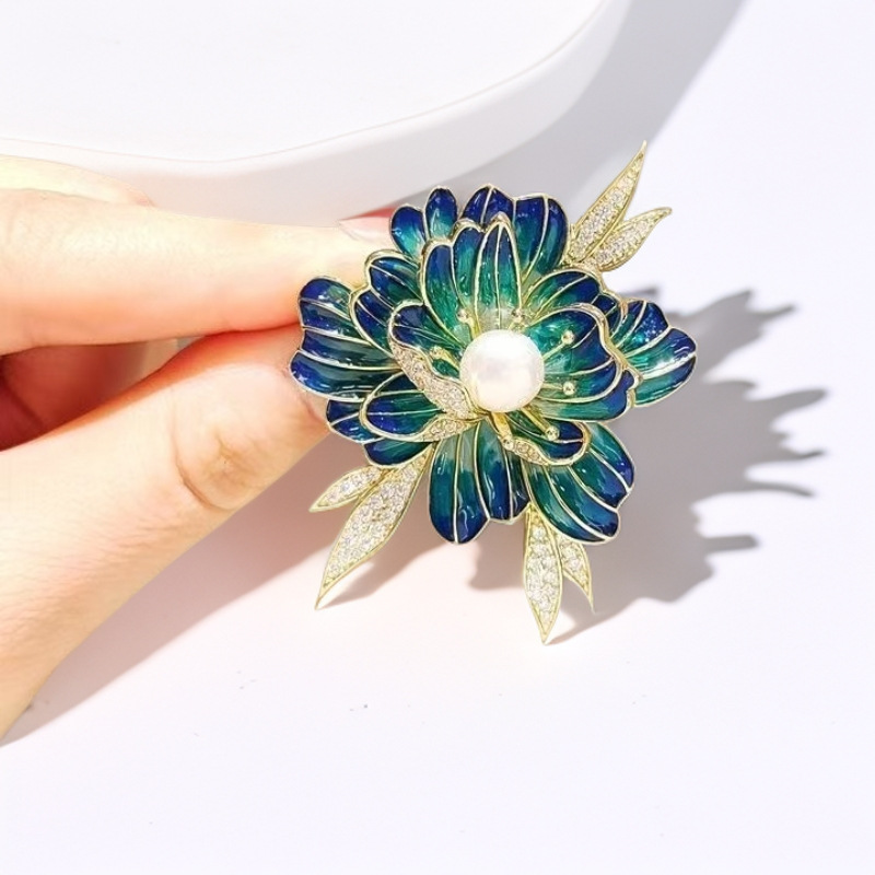 Light Luxury Enamel Peony Brooch Women's Chinese Style Pearl Flower Brooch Elegant Retro Accessories Fashion Corsage