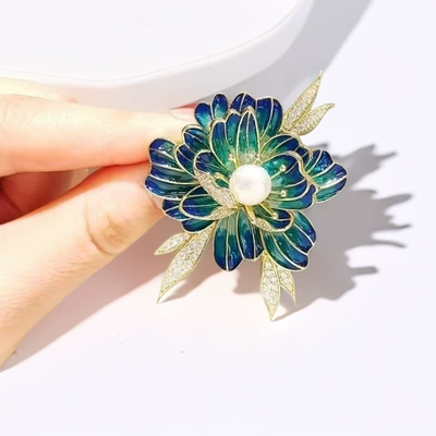 Light Luxury Enamel Peony Brooch Women's Chinese Style Pearl Flower Brooch Elegant Retro Accessories Fashion Corsage (Yaxa sancaqları) - x0219-peony-leaf-blue-size-4535cm-weight-13g