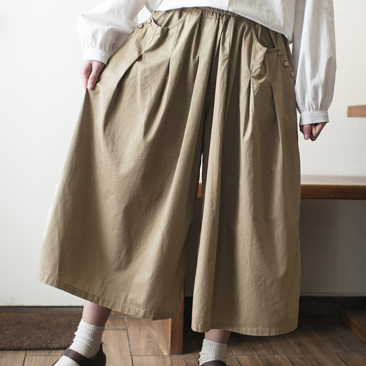 Khaki Pants Japanese Style Lazy Drape High-Waisted Loose Wide-Leg Pants for Women Spring and Autumn Petite Culottes