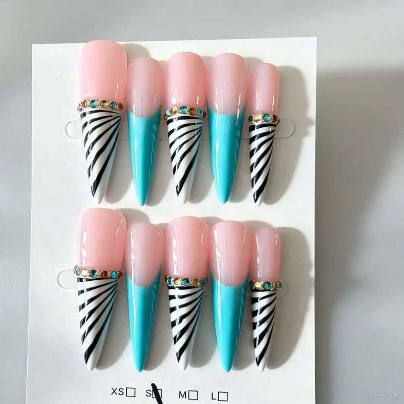 Handmade long pointed nail tips in pink and blue zebra pattern with 3D rhinestones, European and American style, cross-border wholesale Handmade long pointed nail tips in pink and blue zebra pattern with 3D rhinestones, European and American style, cross-border wholesale
