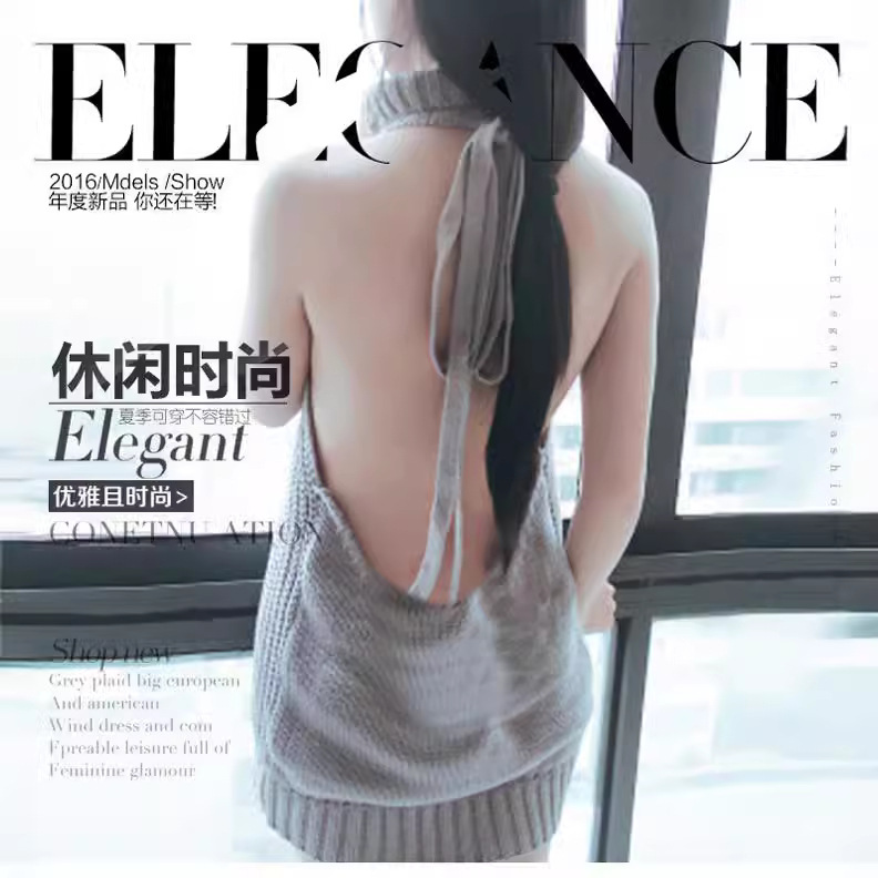 2025 春と秋のセクシーな背中の開いたセータータートルネックノースリーブニットプルオーバートップ女の子団子 cos1369-1