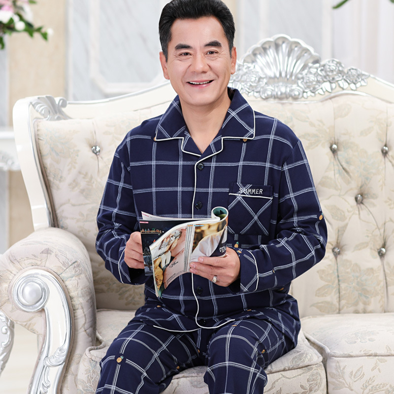 Pijama de mediana edad y ancianos primavera y otoño de los hombres 100% algodón de manga larga hogar ^ más el tamaño de mediana edad papá traje de dos piezas