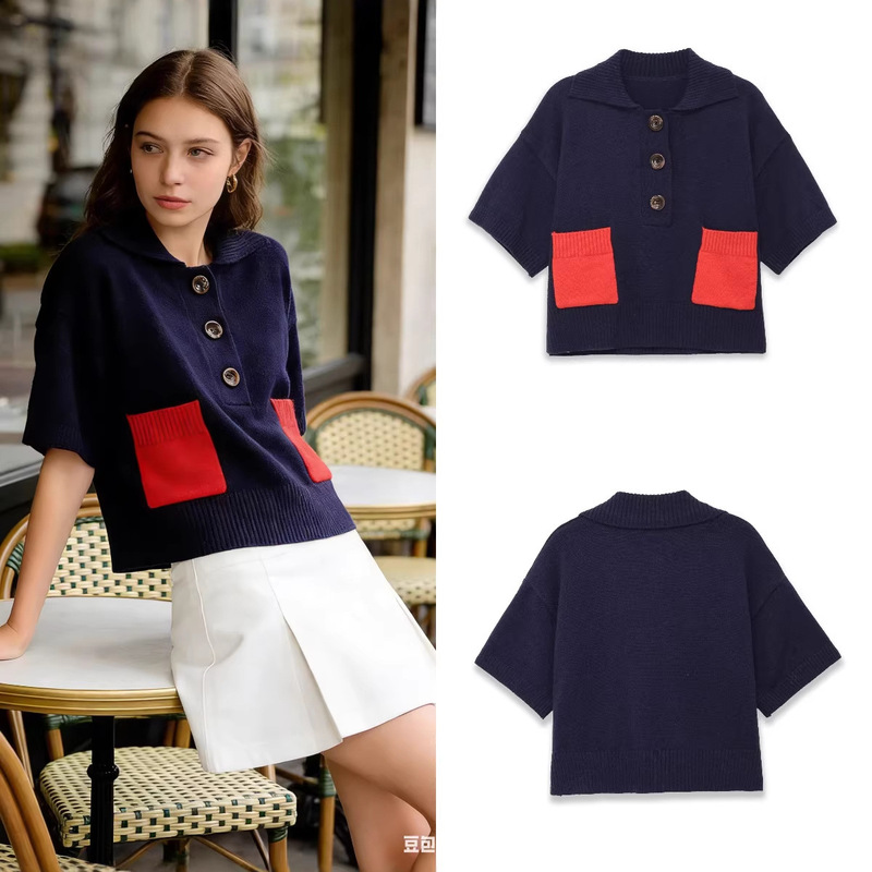Foreign Trade Cross-Border Wholesale of European and American Style Women's Summer Fashion Collared Short-Sleeve Pocket Knit Tops Foreign Trade Cross-Border Wholesale of European and American Style Women's Summer Fashion Collared Short-Sleeve Pocket Knit Tops