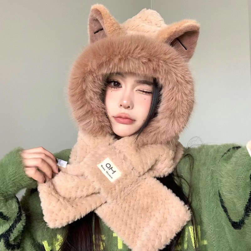 冬のかわいいキツネ耳ぬいぐるみ耳保護帽子、ネックスカーフ、オールインワン暖かい帽子、多用途の顔見せの小さな秋冬帽子|undefined