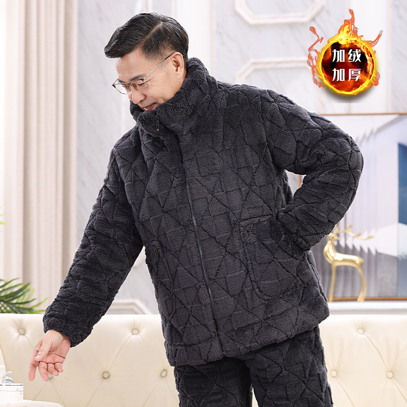 Winter Thickened Dad's Warm Home Clothes Plus Size Elderly Pajamas Men's Quilted Coral Velvet Middle-Aged and Elderly